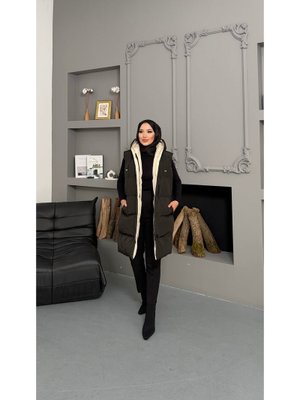 Bej Çift Taraflı Dolgulu Kapüşonlu Dokuma Yelek Siyah