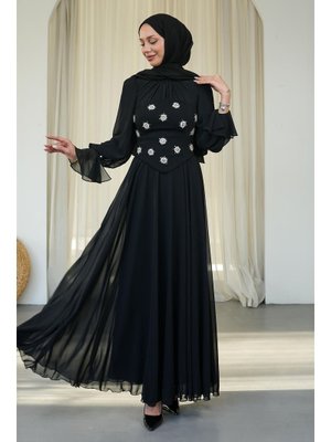Siyah Taş İşlemeli Büstiyerli Abiye Elbise