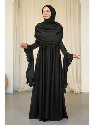 Siyah Kol Katlı Önü Drapeli Saten Abiye Elbise