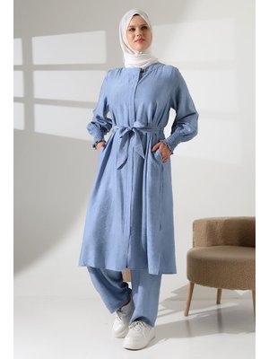 Mavi Gizli Fermuarlı Yandan Yırtmaçlı Gipeli Hac Umre Kıyafeti İkili Takım