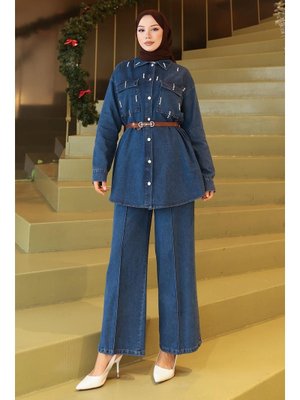 Koyu Mavi Cepli Taş Detaylı Kot Takım