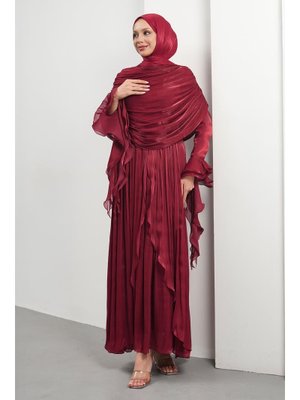 Bordo Seyyar Pelerinli Fırfırlı Abiye Elbise