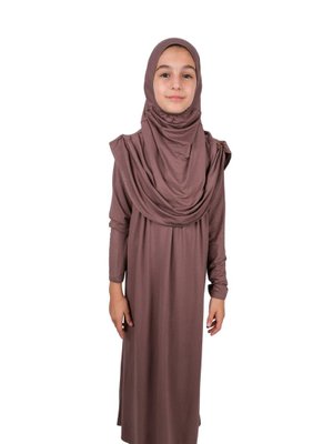 Kahve Pratik Başörtülü Tek Parça Çocuk Namaz Elbisesi Yaş
