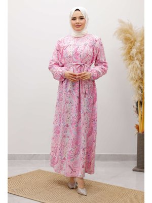 Pembe Desenli Robalı Elbise