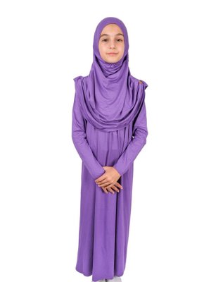 Mor Pratik Başörtülü Tek Parça Çocuk Namaz Elbisesi Yaş