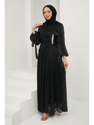 Siyah Önü Taş Detaylı Kol Bağlamalı Abiye Elbise