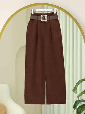 Kahve Tokalı Kemerli Beli Katlamalı Bol Paça Modal Krep Pantolon