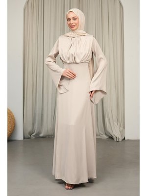 Taş Omuzları Vatkatlı Saten Abiye Elbise