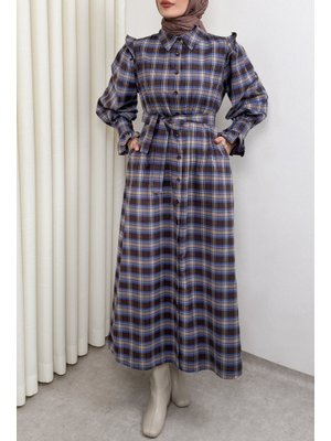 Lacivert Kuşaklı Ekose Elbise