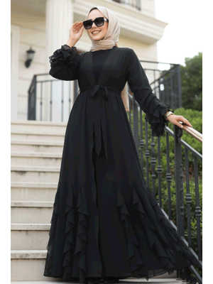 Kat Volanlı Siyah Abaya Elbise 25904s