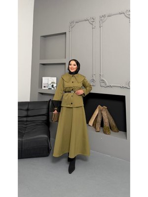 Haki Gömlek Yaka Önü Düğme Detaylı Etekli Takım