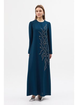 Petrol Lily Taş İşlemeli Abiye Elbise