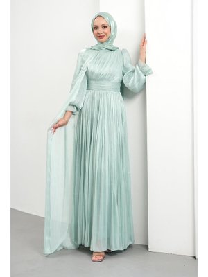 Mint Yeşili Pelerin Detaylı Piliseli Abiye Elbise