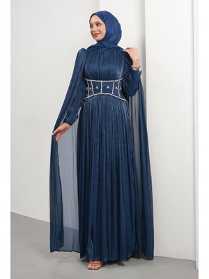 Lacivert Beli Taşlı Pelerinli Piliseli Abiye Elbise