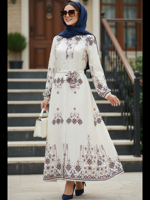 Çiçek Desenli Krem Elbise 24084kr