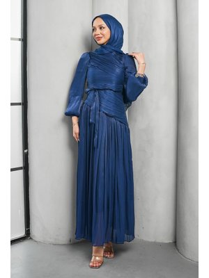 Lacivert Drapeli Piliseli Abiye Elbise