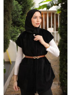 Siyah Kemerli Astarlı Kaşe Yelek