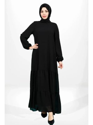 Siyah Eteği Fırfırlı Kolu Lastikli Elbise Ferace Beyza