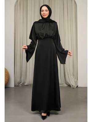 Siyah Omuzları Vatkatlı Saten Abiye Elbise