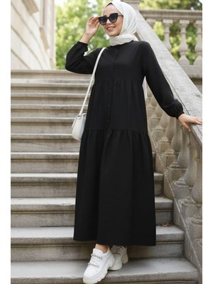 Düğmeli Siyah Kot Elbise 19143s