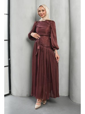Bordo Drapeli Piliseli Abiye Elbise