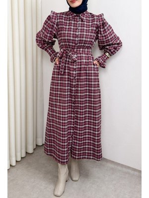 Bordo Kuşaklı Ekose Elbise