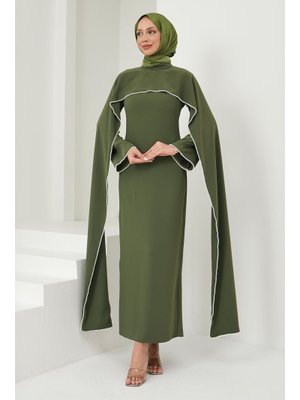 Koyu Yağ Yeşili İnci Detaylı Pelerinli Abiye Elbise