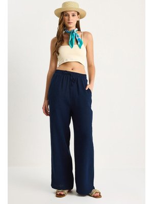 Lacivert Müslin Palazzo Pantolon