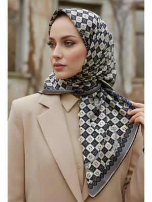 Bej/siyah İpekhan Soft Dijital Pamuklu Eşarp