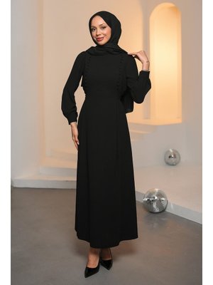 Siyah Düğme Detaylı Kuşaklı Abiye Elbise