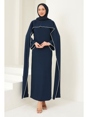 Lacivert İnci Detaylı Pelerinli Abiye Elbise