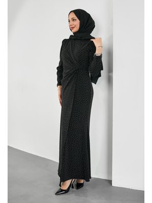 Siyah Simli Taşlı Önü Drapeli Abiye Elbise
