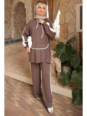 Koyuv Vizon Kapüşonlu Renk Bloklu Tunik Pantolonlu Takım