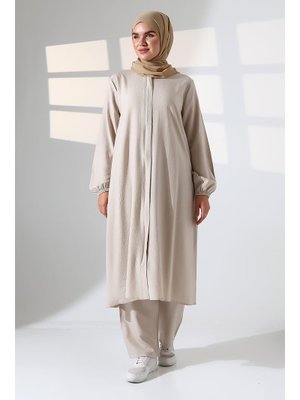 Krem Hac Ve Umre Kıyafeti Kraşlı İkili Takım