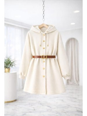 Krem Gold Düğme Kemer Detaylı Hırka