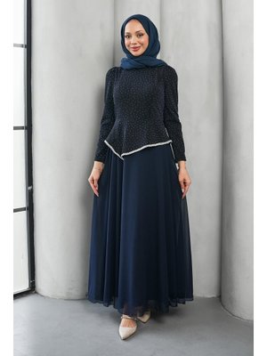 Lacivert Taş Detaylı Tasarım Abiye Elbise