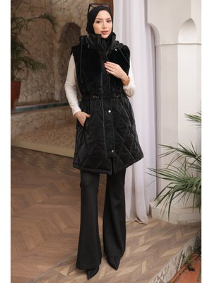 Siyah Kapüşonlu Bel Lastikli Kapitone Şişme Yelek