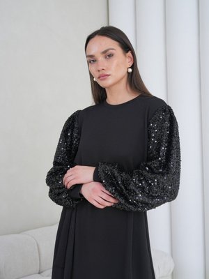 Siyah Payet Kollu Kuşaklı Elbise