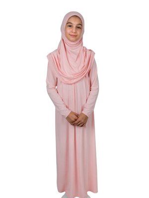 Pudra Pratik Başörtülü Tek Parça Çocuk Namaz Elbisesi Yaş