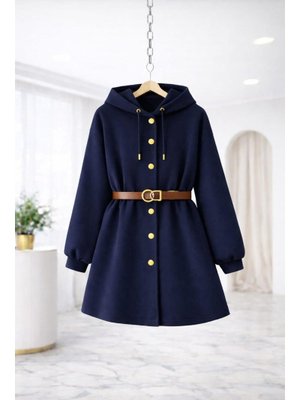 Lacivert Gold Düğme Kemer Detaylı Hırka
