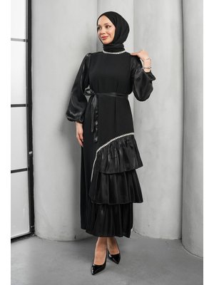 Siyah Fırfır Detay Organze Taş İşleme Abiye Elbise