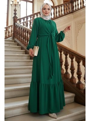 Yeşil Bağlama Detaylı Ayrobin Elbise