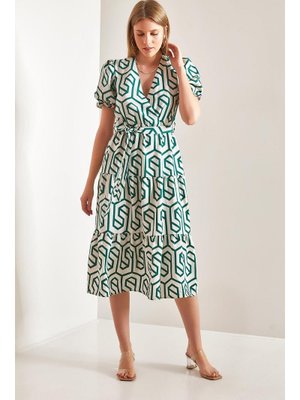 Yeşil Kruvaze Yaka Kuşaklı Elbise