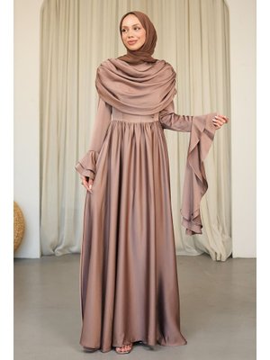 Koyuv Vizon Kol Katlı Önü Drapeli Saten Abiye Elbise