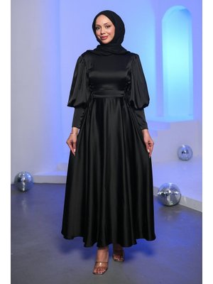Siyah Yan Bağlamalı Saten Abiye Elbise