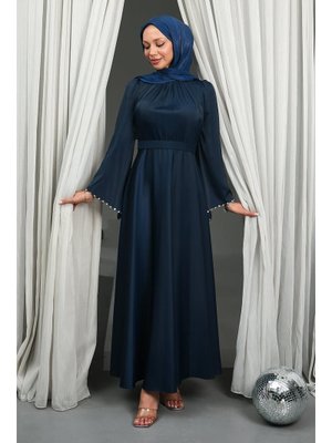 Lacivert Kolları Taşlı Kuşaklı Saten Abiye Elbise