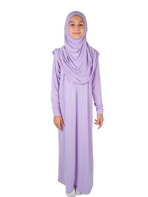 Lila Pratik Başörtülü Tek Parça Çocuk Namaz Elbisesi Yaş
