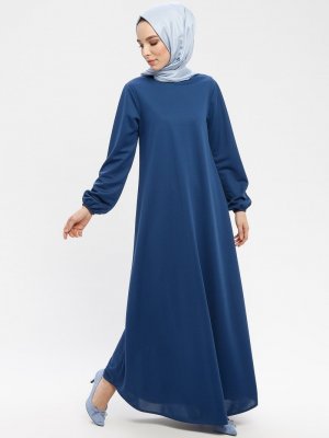İndigo Kol Ucu Lastikli Elbise