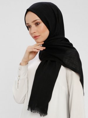 Siyah Flamlı Düz Kısa Saçaklı Şal Siyah Flamlı Düz Kısa Saçaklı Şal