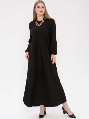 Siyah Bilekleri Lastikli Elbise